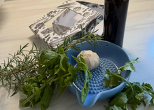 Load image into Gallery viewer, Garlic Grater Bowl with Herb Stripper &amp; Spout – Horizon Blue - ArtisanoDesigns