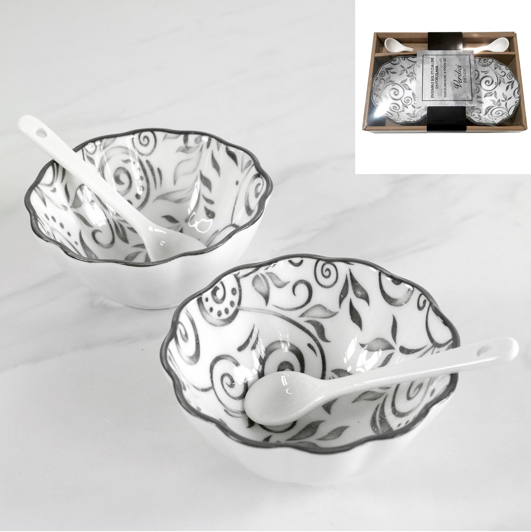 Floral Porcelain Bowl & Spoon Set (2)